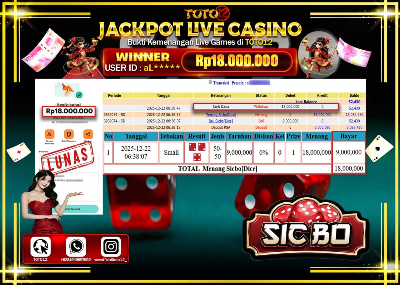 HANYA DI TOTO12 JP PASTI DI BAYAR LUNAS DAN CEPAT!!!!!! JACKPOT LIVE CASINO (SIC BO) Rp.18.000.000 !!!!