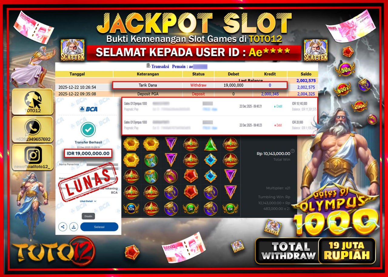 HANYA DI TOTO12 JP PASTI DI BAYAR LUNAS DAN CEPAT!!!!!! JACKPOT SLOT GAME (GATES OF OLYMPUS 1000) Rp.19.000.000 !!!!