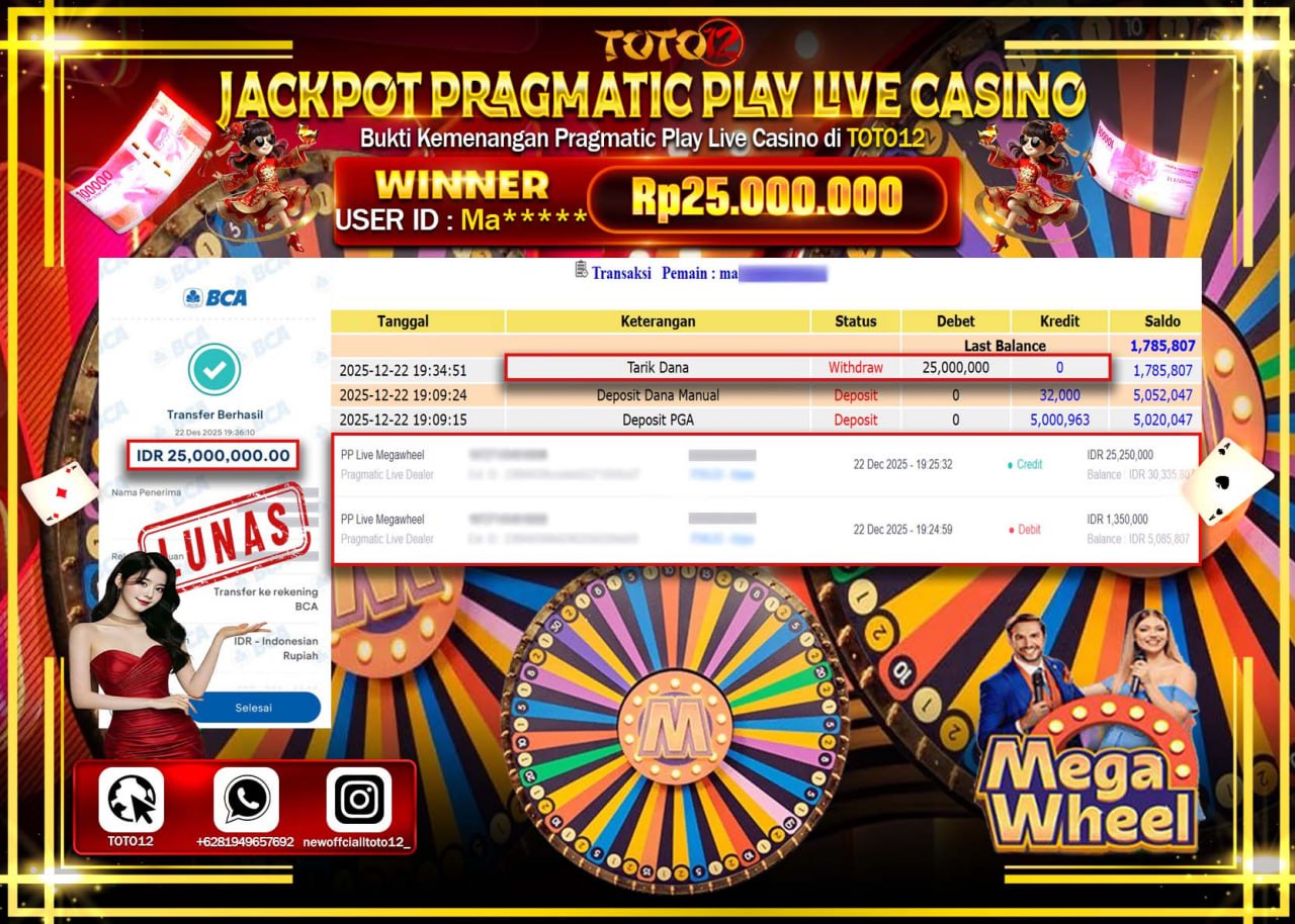 HANYA DI TOTO12 JP PASTI DI BAYAR LUNAS DAN CEPAT!!!!!! JACKPOT PRAGMATIC PLAY LIVE CASINO (MEGA WHEEL) Rp.25.000.000 !!!!