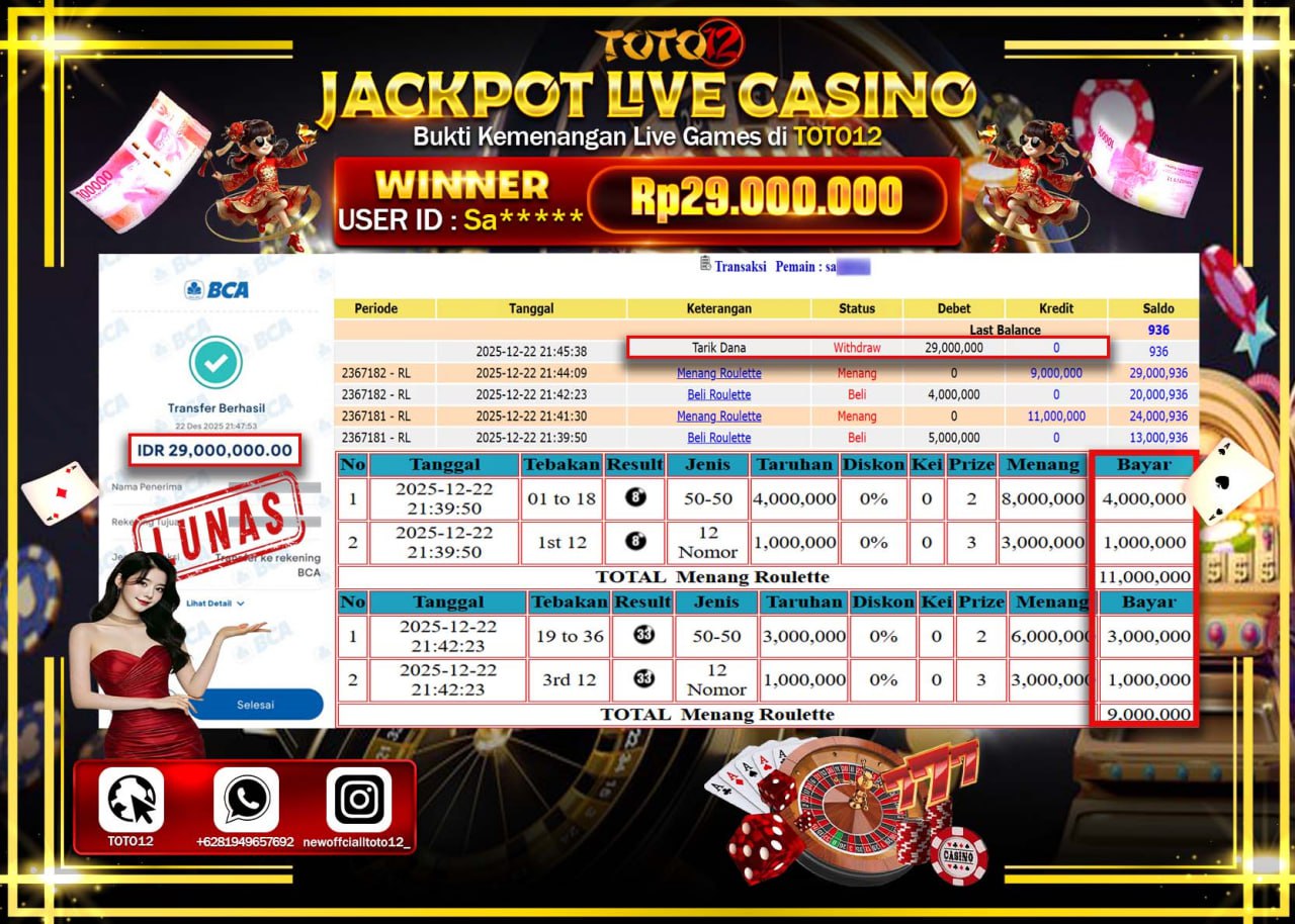 HANYA DI TOTO12 JP PASTI DI BAYAR LUNAS DAN CEPAT!!!!!! JACKPOT LIVE CASINO (ROULETTE) Rp.29.000.000 !!!!