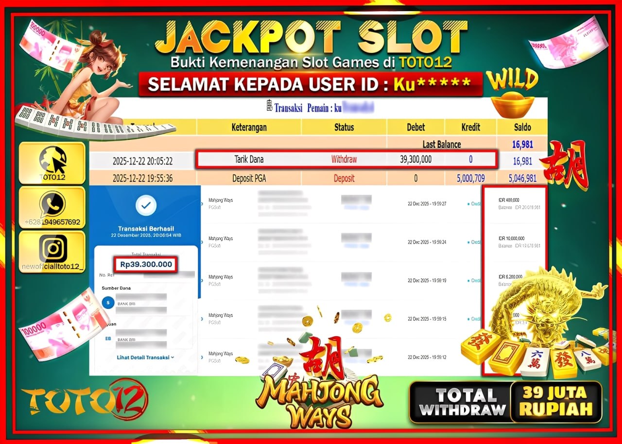 HANYA DI TOTO12 JP PASTI DI BAYAR LUNAS DAN CEPAT!!!!!! JACKPOT SLOT GAME (MAHJONG WAYS) Rp.39.300.000 !!!!