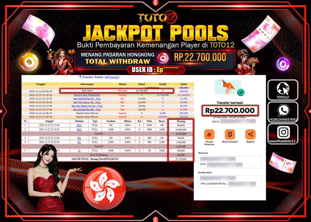 HANYA DI TOTO12 JP PASTI DI BAYAR LUNAS DAN CEPAT!!!!!! JACKPOT POOLS PASARAN (HONGKONG) Rp.22.700.000 !!!!