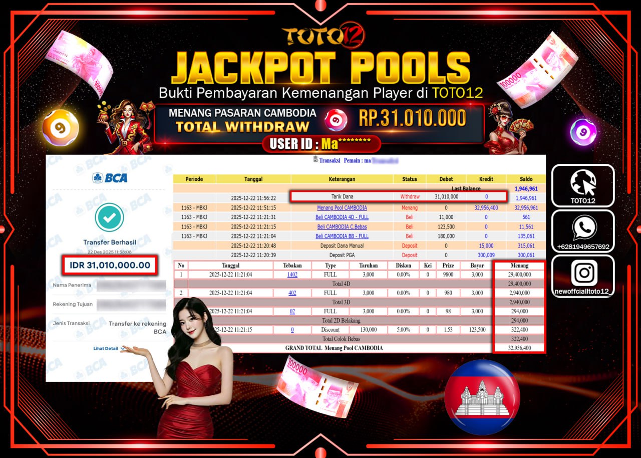 HANYA DI TOTO12 JP PASTI DI BAYAR LUNAS DAN CEPAT!!!!!! JACKPOT POOLS PASARAN (CAMBODIA) Rp.31.010.000 !!!!
