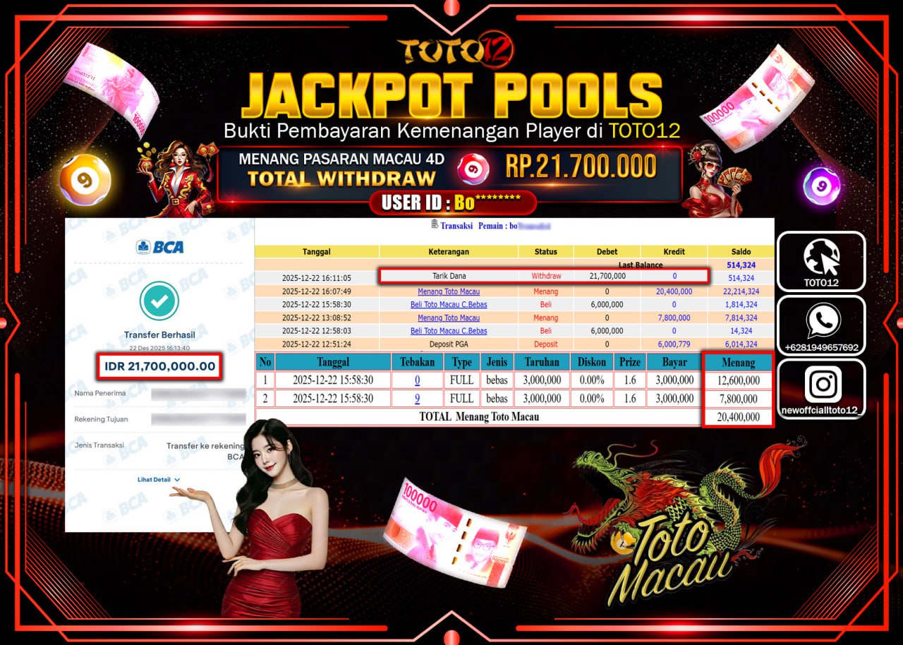 HANYA DI TOTO12 JP PASTI DI BAYAR LUNAS DAN CEPAT!!!!!! JACKPOT POOLS PASARAN (MACAU 4D) Rp.21.700.000 !!!!