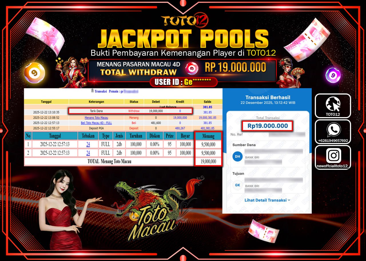 HANYA DI TOTO12 JP PASTI DI BAYAR LUNAS DAN CEPAT!!!!!! JACKPOT POOLS PASARAN (MACAU 4D) Rp.19.000.000 !!!!