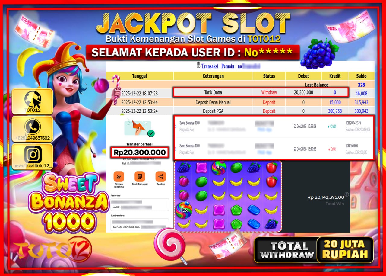 HANYA DI TOTO12 JP PASTI DI BAYAR LUNAS DAN CEPAT!!!!!! JACKPOT SLOT GAME (SWEET BONANZA 1000) Rp.20.300.000 !!!!