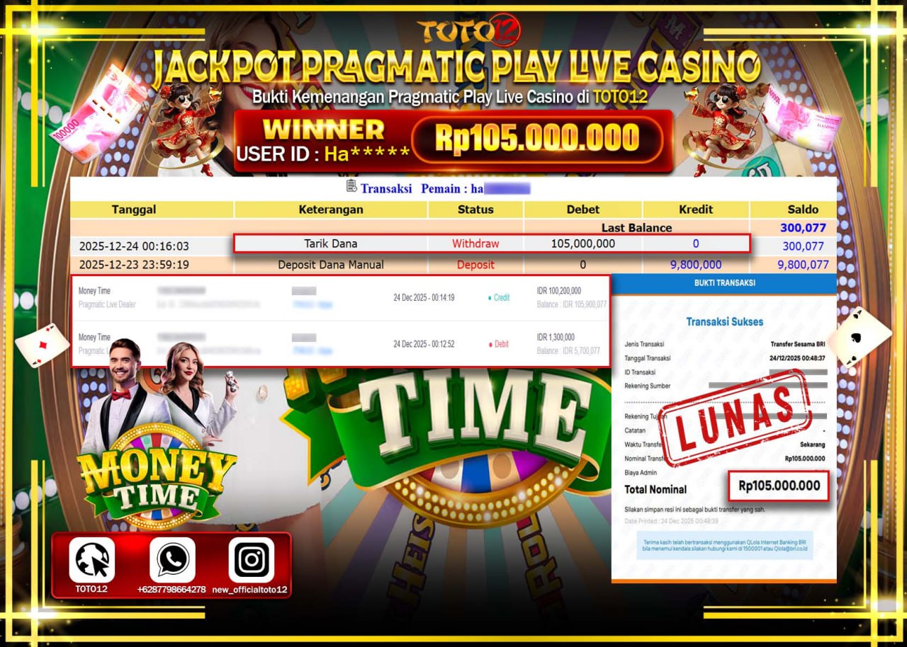 HANYA DI TOTO12 JP PASTI DI BAYAR LUNAS DAN CEPAT!!!!!! JACKPOT PRAGMATIC PLAY LIVE CASINO (MONEY TIME) Rp.105.000.000 !!!!
