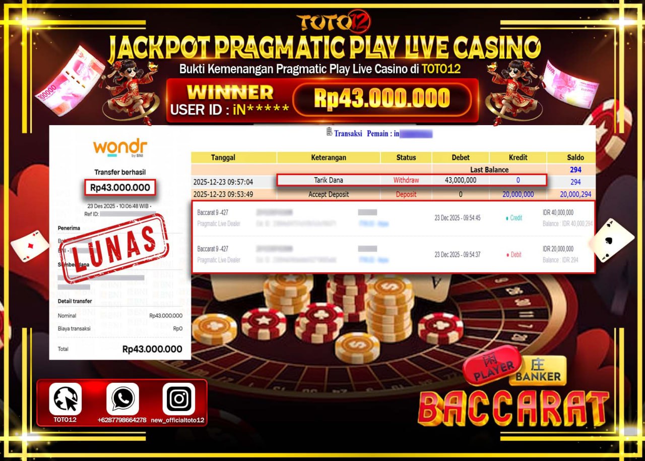 HANYA DI TOTO12 JP PASTI DI BAYAR LUNAS DAN CEPAT!!!!!! JACKPOT PRAGMATIC PLAY LIVE CASINO (BACCARAT) Rp.43.000.000 !!!!