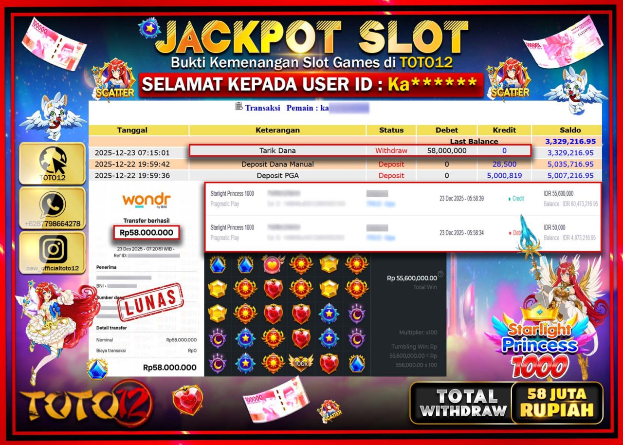 HANYA DI TOTO12 JP PASTI DI BAYAR LUNAS DAN CEPAT!!!!!! JACKPOT SLOT GAME (STARLIGHT PRINCESS 1000) Rp.58.000.000 !!!!