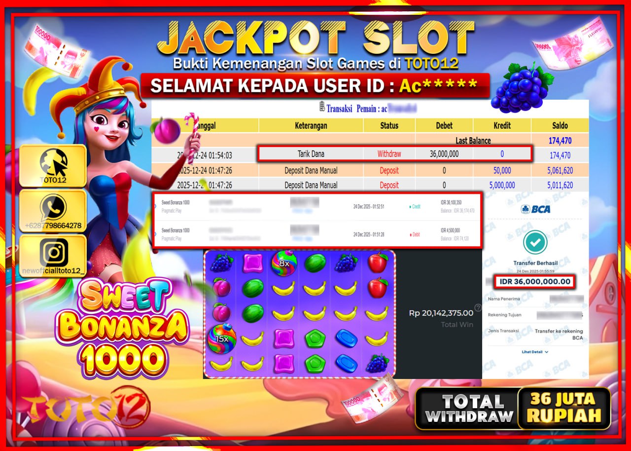 HANYA DI TOTO12 JP PASTI DI BAYAR LUNAS DAN CEPAT!!!!!! JACKPOT SLOT GAME (SWEET BONANZA 1000) Rp.36.000.000 !!!!