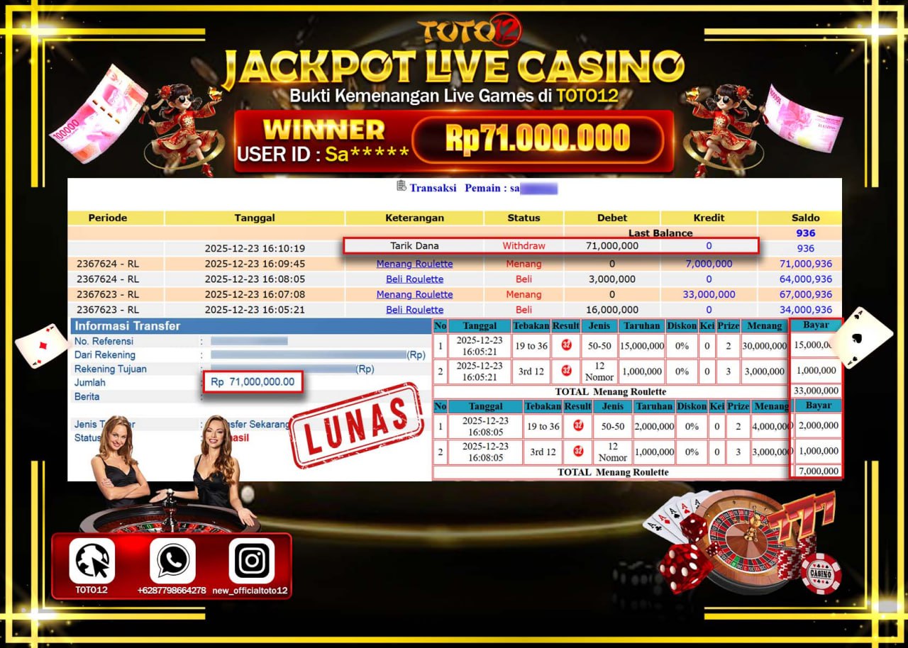 HANYA DI TOTO12 JP PASTI DI BAYAR LUNAS DAN CEPAT!!!!!! JACKPOT LIVE CASINO (ROULETTE) Rp.71.000.000 !!!!