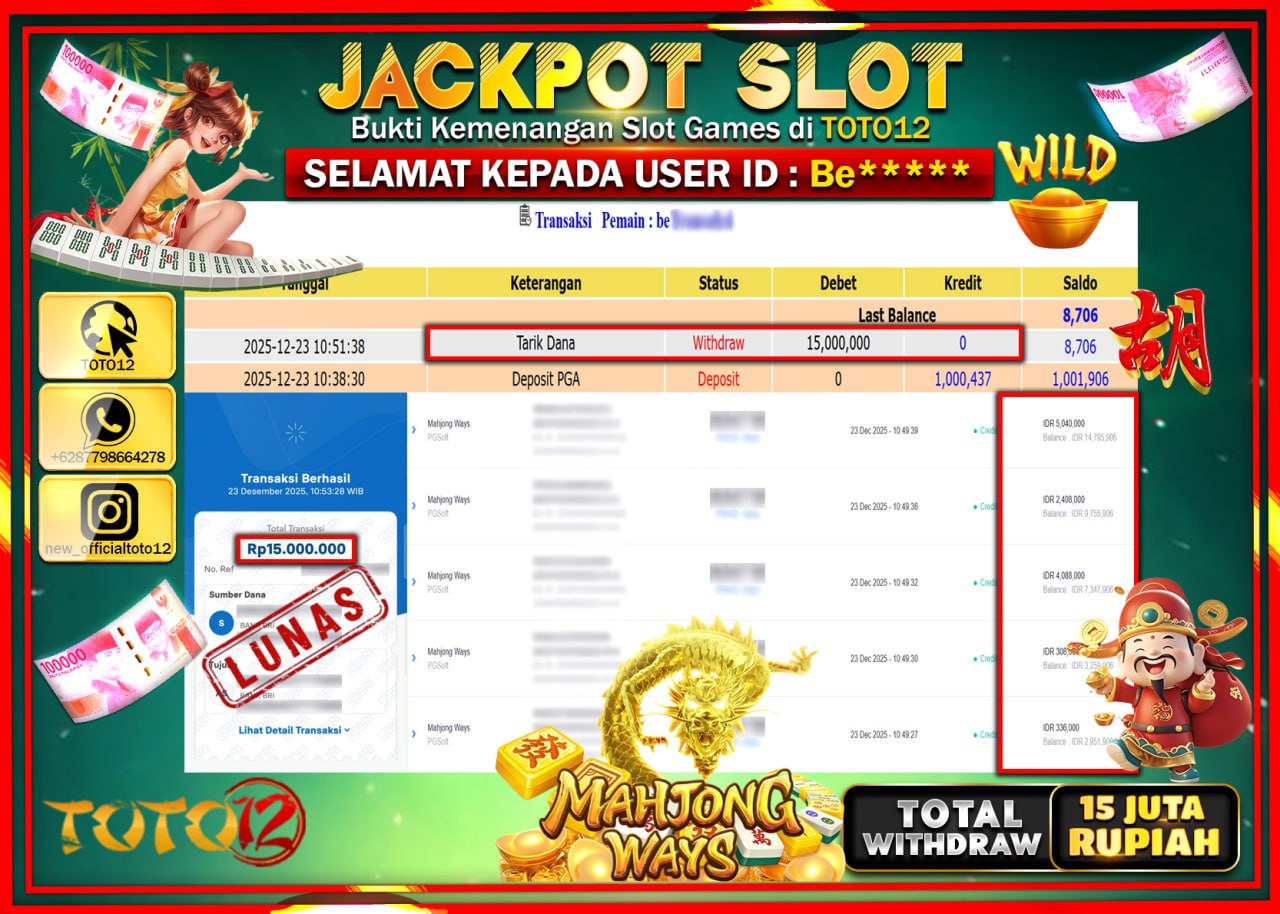 HANYA DI TOTO12 JP PASTI DI BAYAR LUNAS DAN CEPAT!!!!!! JACKPOT SLOT GAME (MAHJONG WAYS) Rp.15.000.000 !!!!