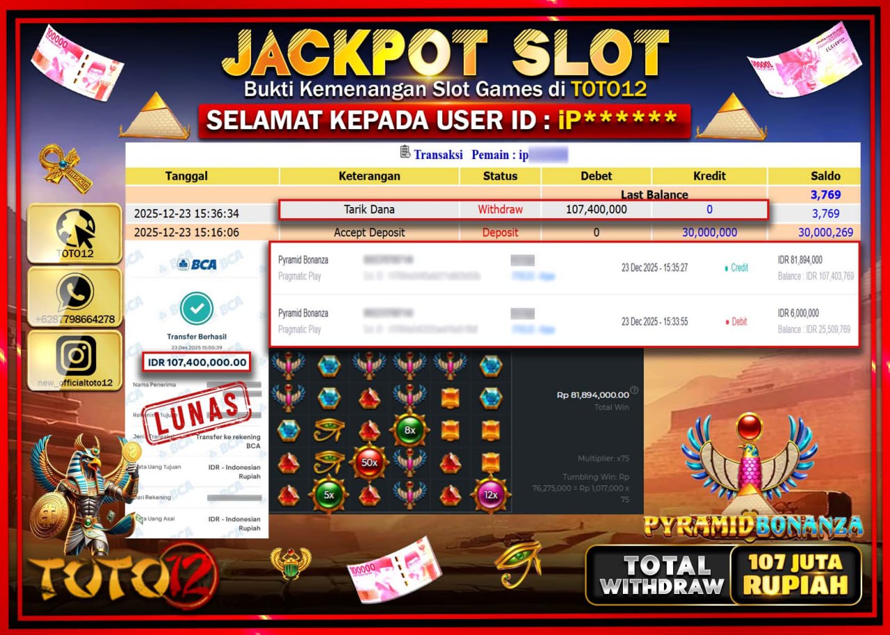 HANYA DI TOTO12 JP PASTI DI BAYAR LUNAS DAN CEPAT!!!!!! JACKPOT SLOT GAME (PYRAMID BONANZA) Rp.107.400.000 !!!!