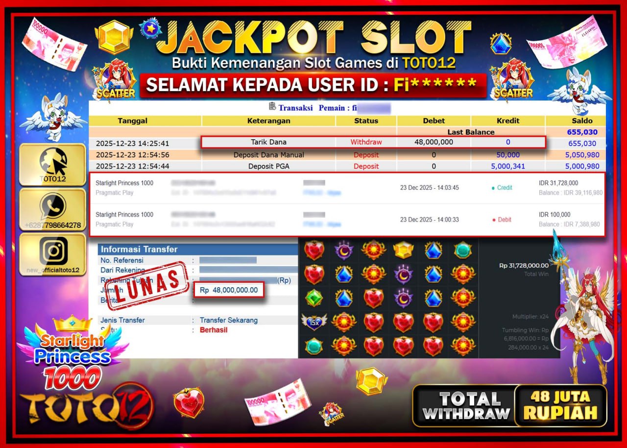HANYA DI TOTO12 JP PASTI DI BAYAR LUNAS DAN CEPAT!!!!!! JACKPOT SLOT GAME (STARLIGHT PRINCESS 1000) Rp.48.000.000 !!!!