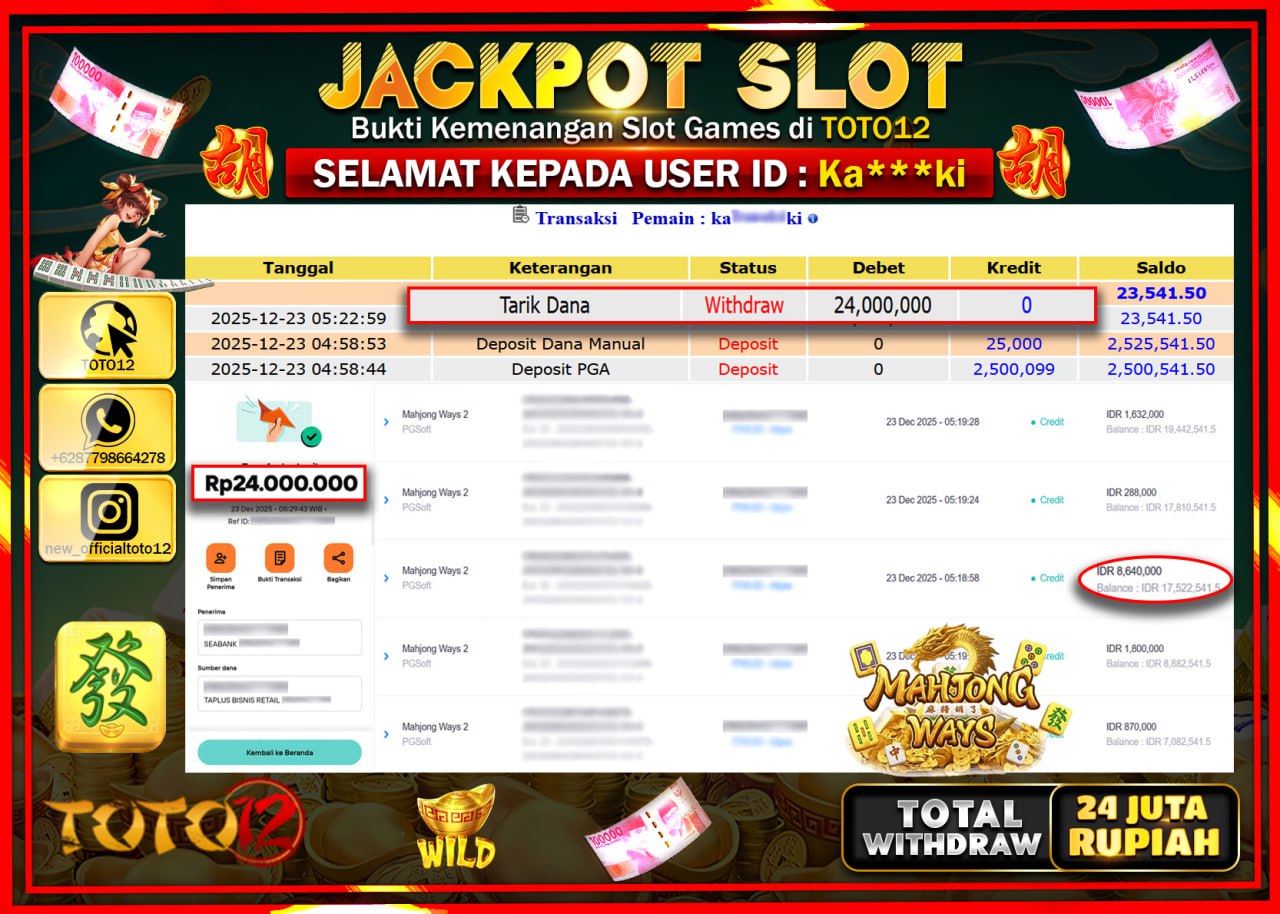 HANYA DI TOTO12 JP PASTI DI BAYAR LUNAS DAN CEPAT!!!!!! JACKPOT SLOT GAME (MAHJONG WAYS) Rp.24.000.000 !!!!