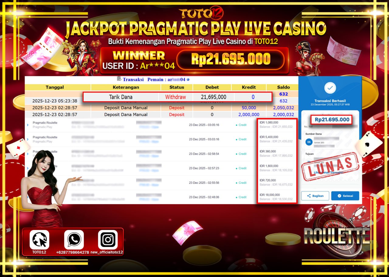 HANYA DI TOTO12 JP PASTI DI BAYAR LUNAS DAN CEPAT!!!!!! JACKPOT PRAGMATIC PLAY LIVE CASINO (ROULETTE) Rp.21.695.000 !!!!