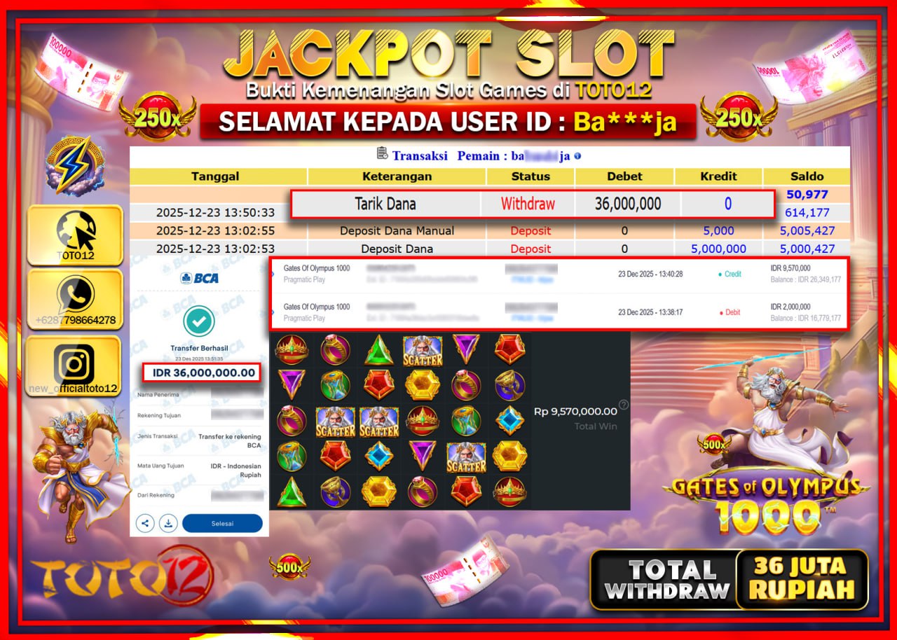 HANYA DI TOTO12 JP PASTI DI BAYAR LUNAS DAN CEPAT!!!!!! JACKPOT SLOT GAME (GATES OF OLYMPUS 1000) Rp.36.000.000 !!!!