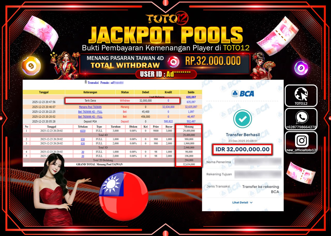 HANYA DI TOTO12 JP PASTI DI BAYAR LUNAS DAN CEPAT!!!!!! JACKPOT POOLS PASARAN (TAIWAN) Rp.32.000.000 !!!!