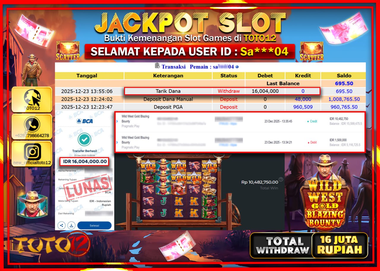 HANYA DI TOTO12 JP PASTI DI BAYAR LUNAS DAN CEPAT!!!!!! JACKPOT SLOT GAME (WILD WEST GOLD BLAZING BOUNTY) Rp.16.004.000 !!!!