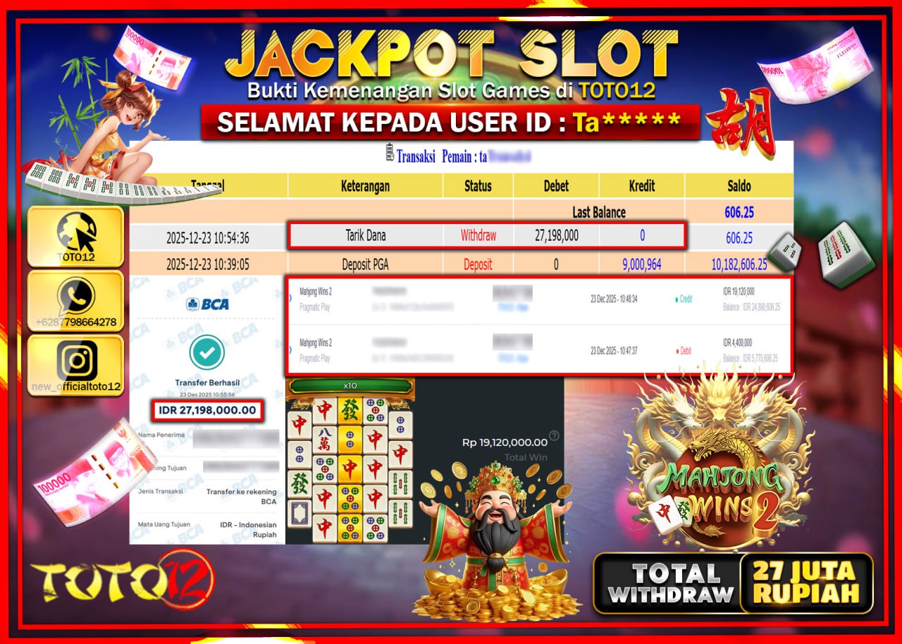 HANYA DI TOTO12 JP PASTI DI BAYAR LUNAS DAN CEPAT!!!!!! JACKPOT SLOT GAME (MAHJONG WINS 2) Rp.27.198.000 !!!!