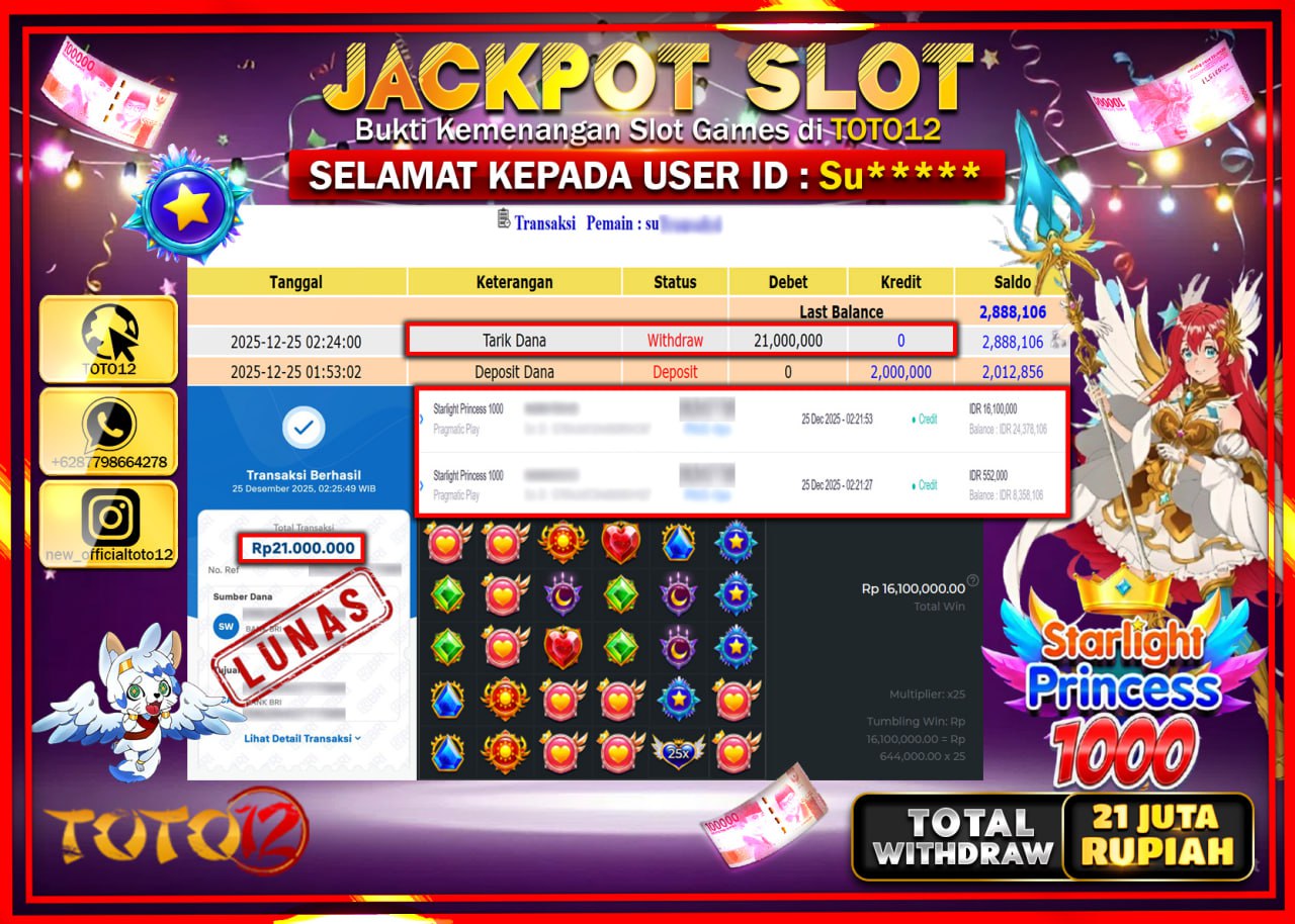 HANYA DI TOTO12 JP PASTI DI BAYAR LUNAS DAN CEPAT!!!!!! JACKPOT SLOT GAME (STARLIGHT PRINCESS 1000) Rp.21.000.000 !!!!