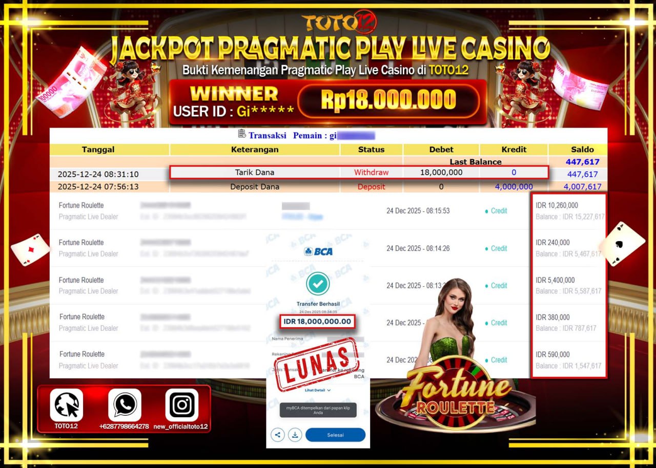 HANYA DI TOTO12 JP PASTI DI BAYAR LUNAS DAN CEPAT!!!!!! JACKPOT PRAGMATIC PLAY LIVE CASINO (FORTUNE ROULETTE) Rp.18.000.000 !!!!