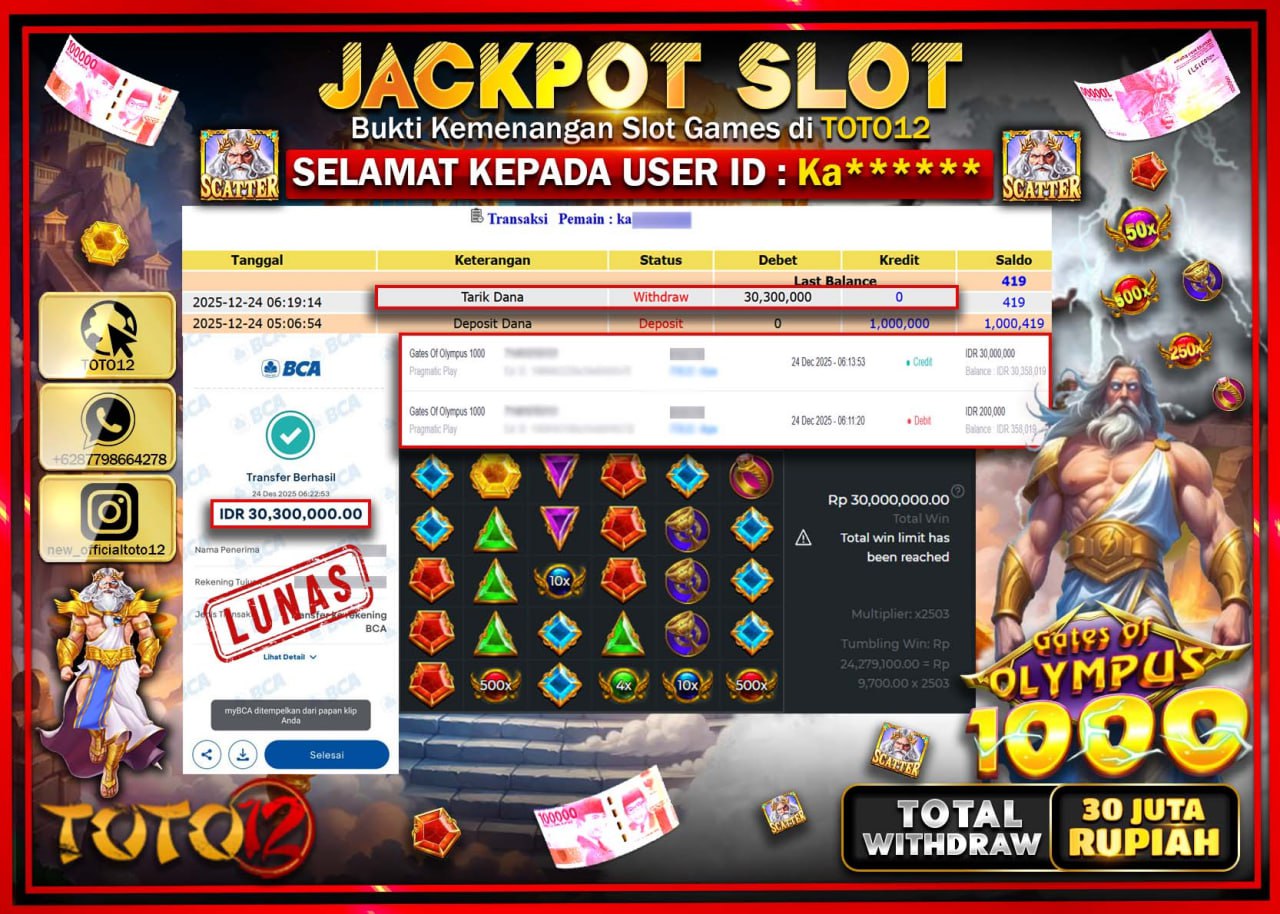 HANYA DI TOTO12 JP PASTI DI BAYAR LUNAS DAN CEPAT!!!!!! JACKPOT SLOT GAME (GATES OF OLYMPUS 1000) Rp.30.300.000 !!!!