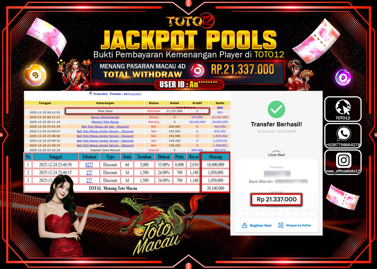 HANYA DI TOTO12 JP PASTI DI BAYAR LUNAS DAN CEPAT!!!!!! JACKPOT POOLS PASARAN (MACAU 4D) Rp.21.337.000 !!!!