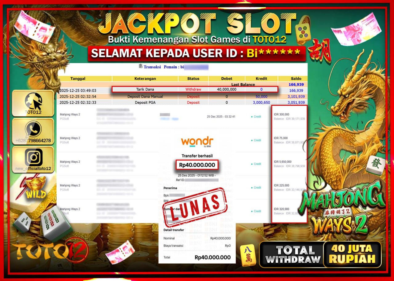 HANYA DI TOTO12 JP PASTI DI BAYAR LUNAS DAN CEPAT!!!!!! JACKPOT SLOT GAME (MAHJONG WAYS 2) Rp.40.000.000 !!!!