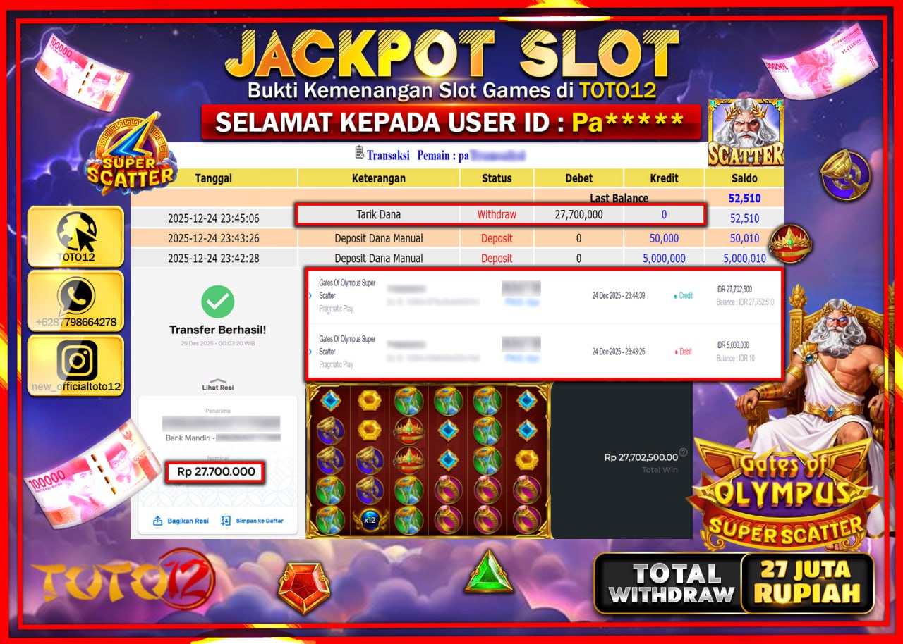 HANYA DI TOTO12 JP PASTI DI BAYAR LUNAS DAN CEPAT!!!!!! JACKPOT SLOT GAME (GATES OF OLYMPUS SUPER SCATTER) Rp.27.700.000 !!!!