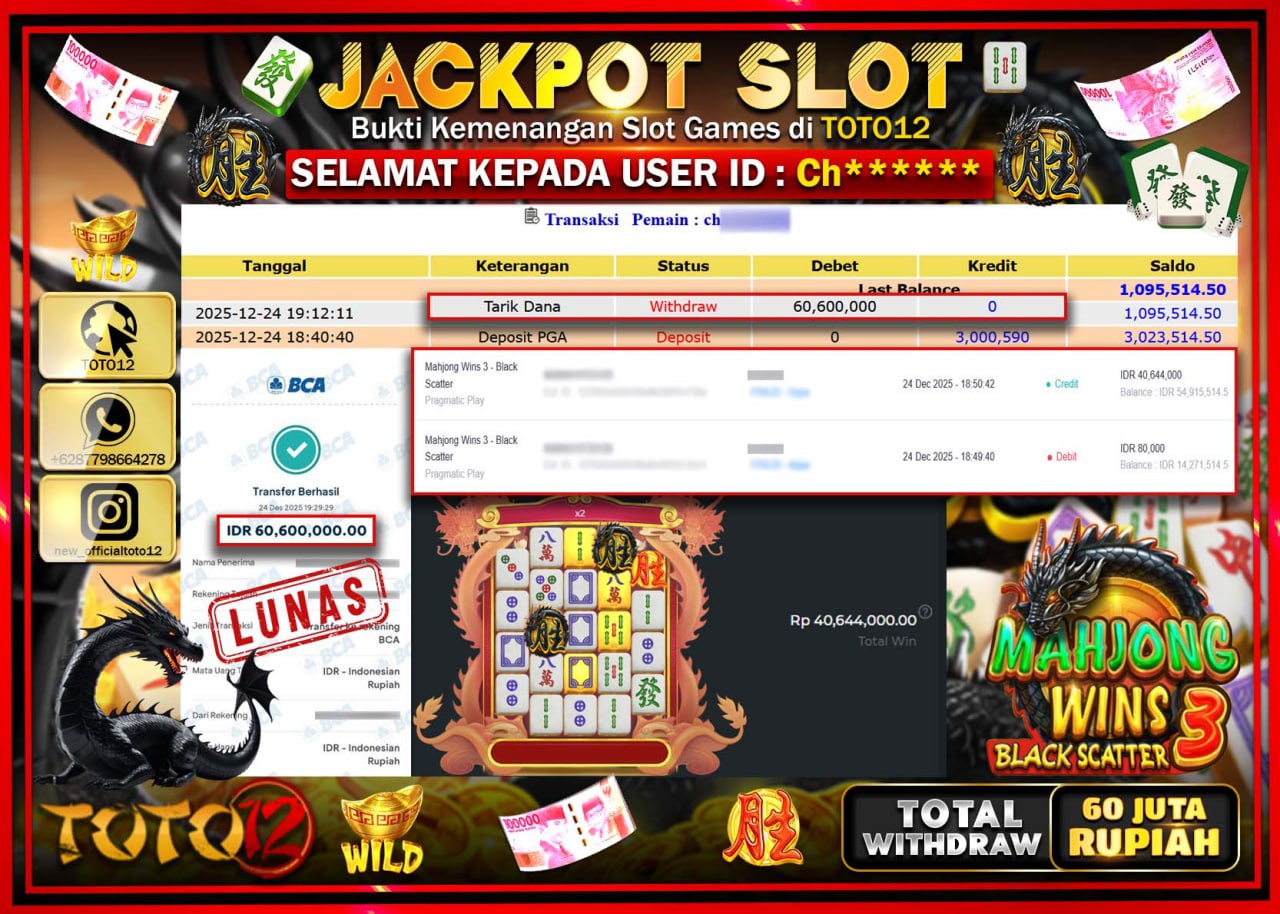 HANYA DI TOTO12 JP PASTI DI BAYAR LUNAS DAN CEPAT!!!!!! JACKPOT SLOT GAME (MAHJONG WINS 3 BLACK SCATTER) Rp.60.600.000 !!!!