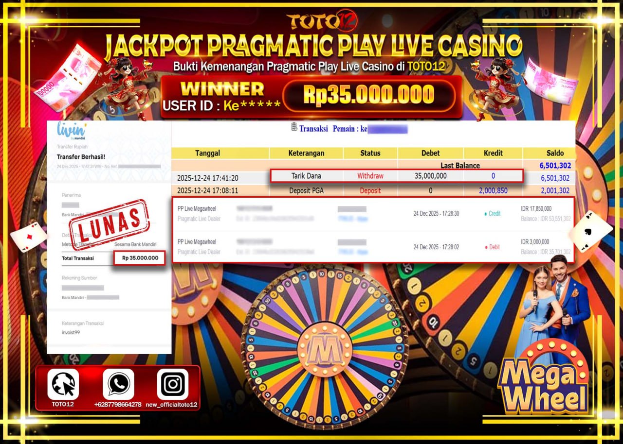 HANYA DI TOTO12 JP PASTI DI BAYAR LUNAS DAN CEPAT!!!!!! JACKPOT PRAGMATIC PLAY LIVE CASINO (MEGA WHEEL) Rp.35.000.000 !!!!