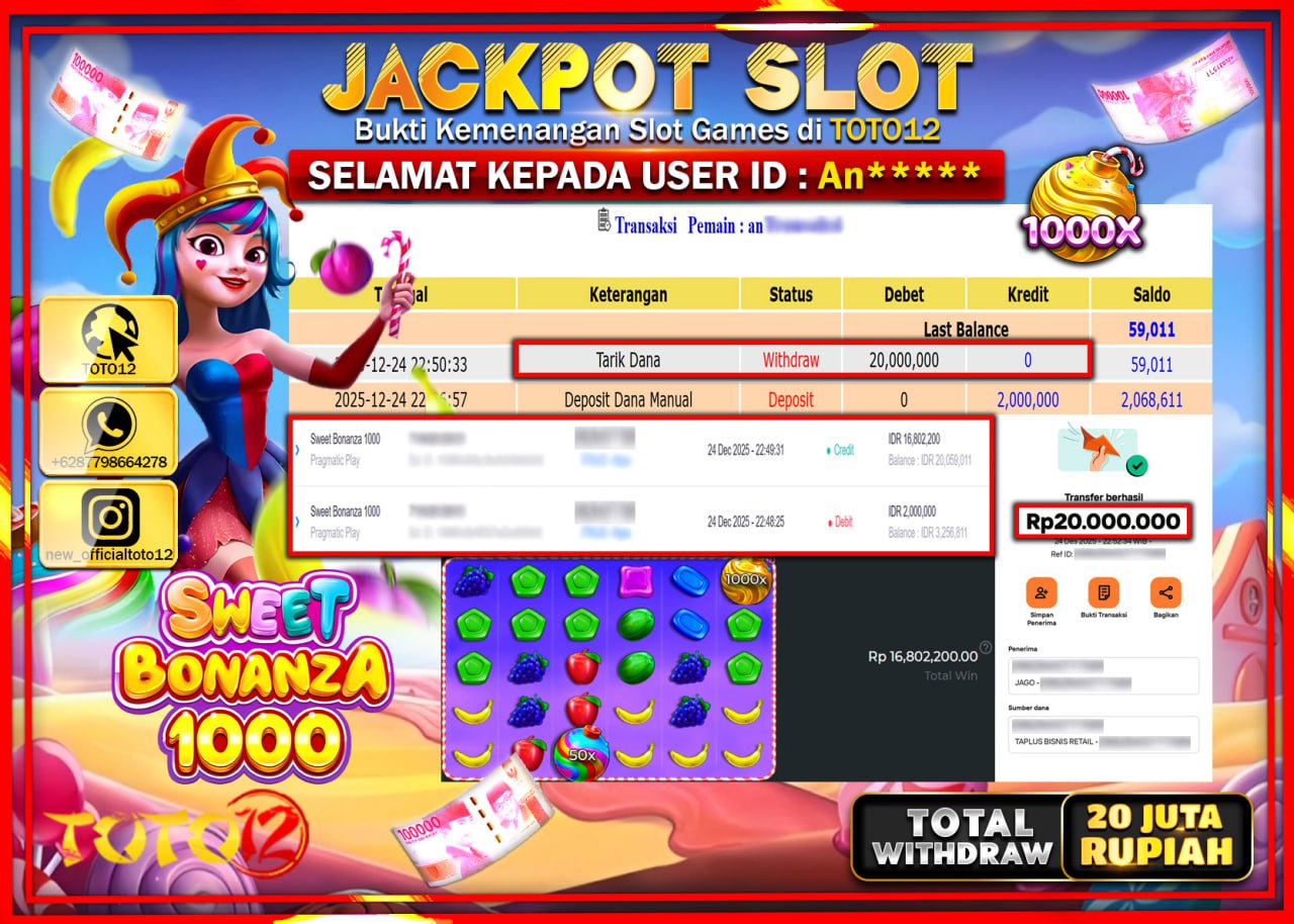 HANYA DI TOTO12 JP PASTI DI BAYAR LUNAS DAN CEPAT!!!!!! JACKPOT SLOT GAME (SWEET BONANZA 1000) Rp.20.000.000 !!!!
