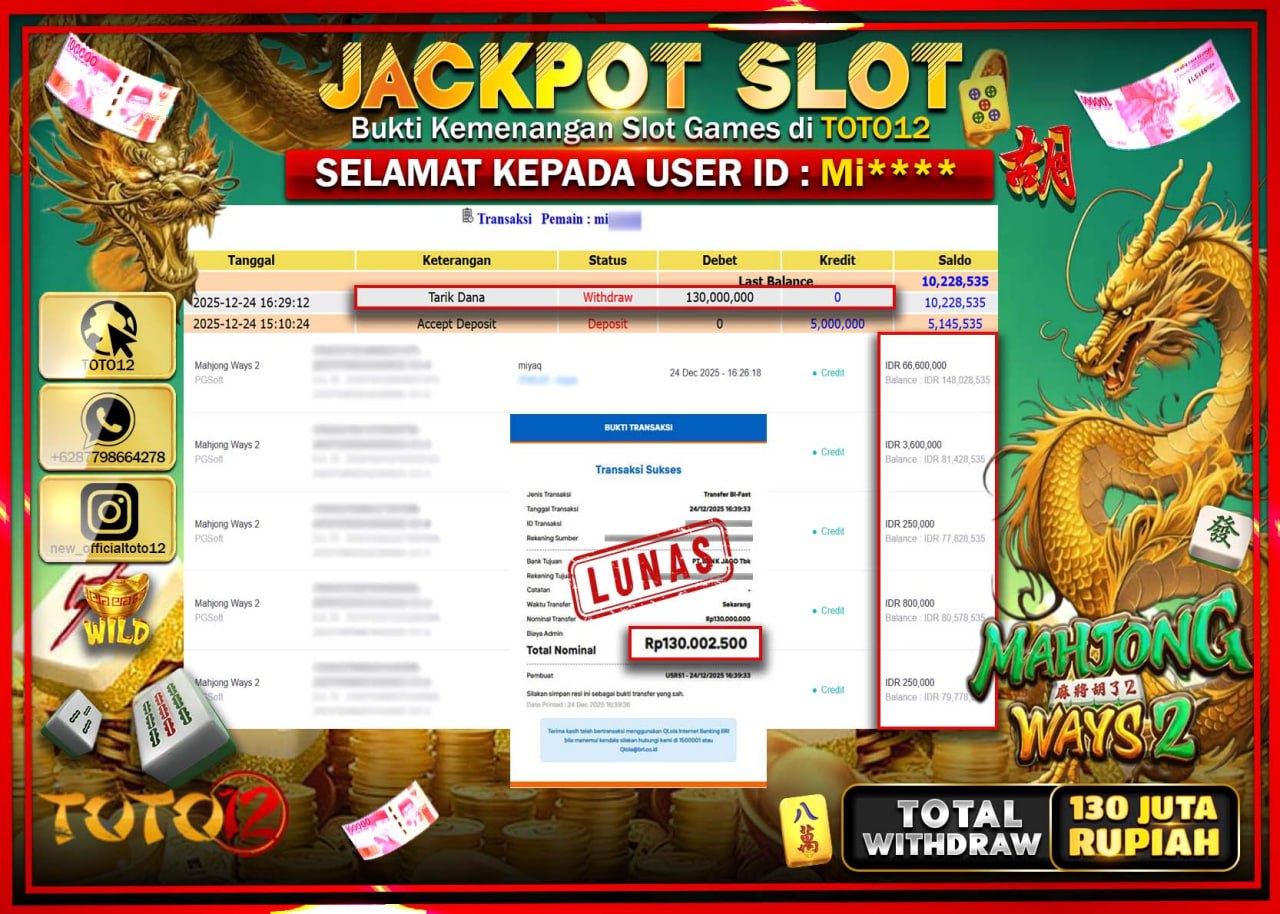HANYA DI TOTO12 JP PASTI DI BAYAR LUNAS DAN CEPAT!!!!!! JACKPOT SLOT GAME (MAHJONG WAYS 2) Rp.130.000.000 !!!!