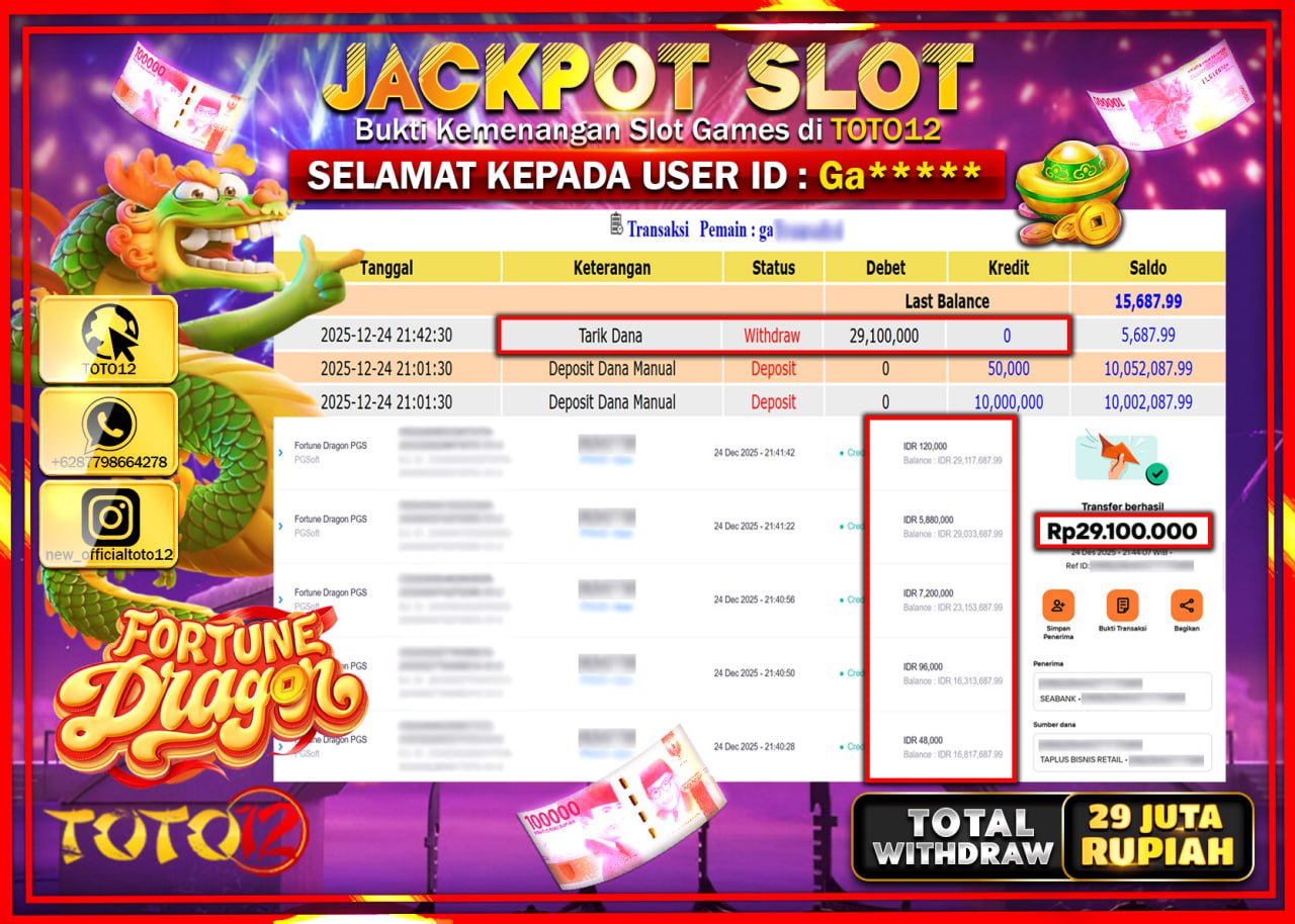 HANYA DI TOTO12 JP PASTI DI BAYAR LUNAS DAN CEPAT!!!!!! JACKPOT SLOT GAME (FORTUNE DRAGON) Rp.29.100.000 !!!!