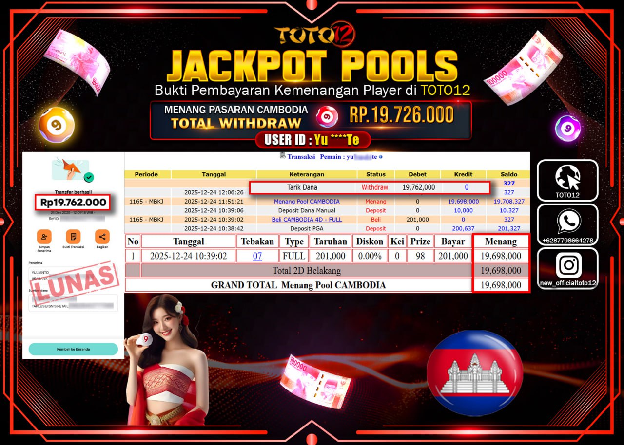 HANYA DI TOTO12 JP PASTI DI BAYAR LUNAS DAN CEPAT!!!!!! JACKPOT POOLS PASARAN (CAMBODIA) Rp.19.726.000 !!!!