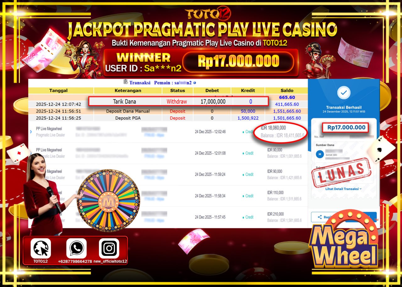 HANYA DI TOTO12 JP PASTI DI BAYAR LUNAS DAN CEPAT!!!!!! JACKPOT PRAGMATIC PLAY LIVE CASINO (MEGA WHEEL) Rp.17.000.000 !!!!