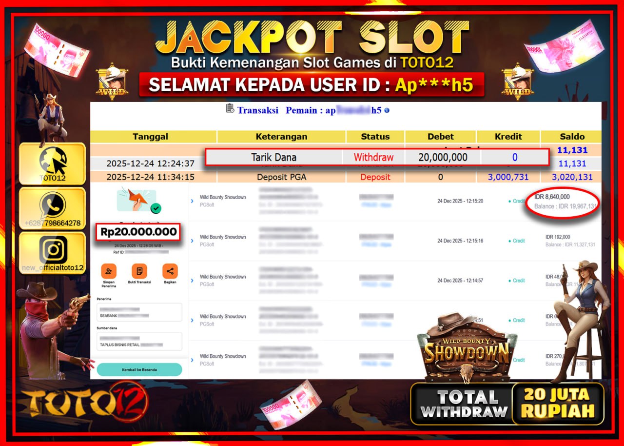 HANYA DI TOTO12 JP PASTI DI BAYAR LUNAS DAN CEPAT!!!!!! JACKPOT SLOT GAME (WILD BOUNTY SHOWDOWN) Rp.20.000.000 !!!!