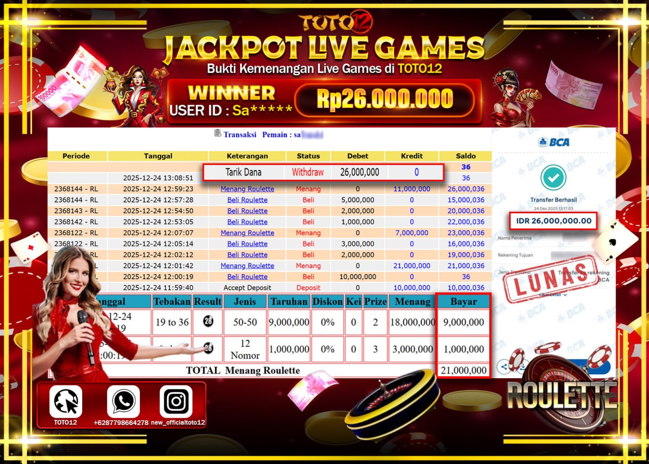 HANYA DI TOTO12 JP PASTI DI BAYAR LUNAS DAN CEPAT!!!!!! JACKPOT LIVE GAMES (ROULETTE) Rp.26.000.000 !!!!