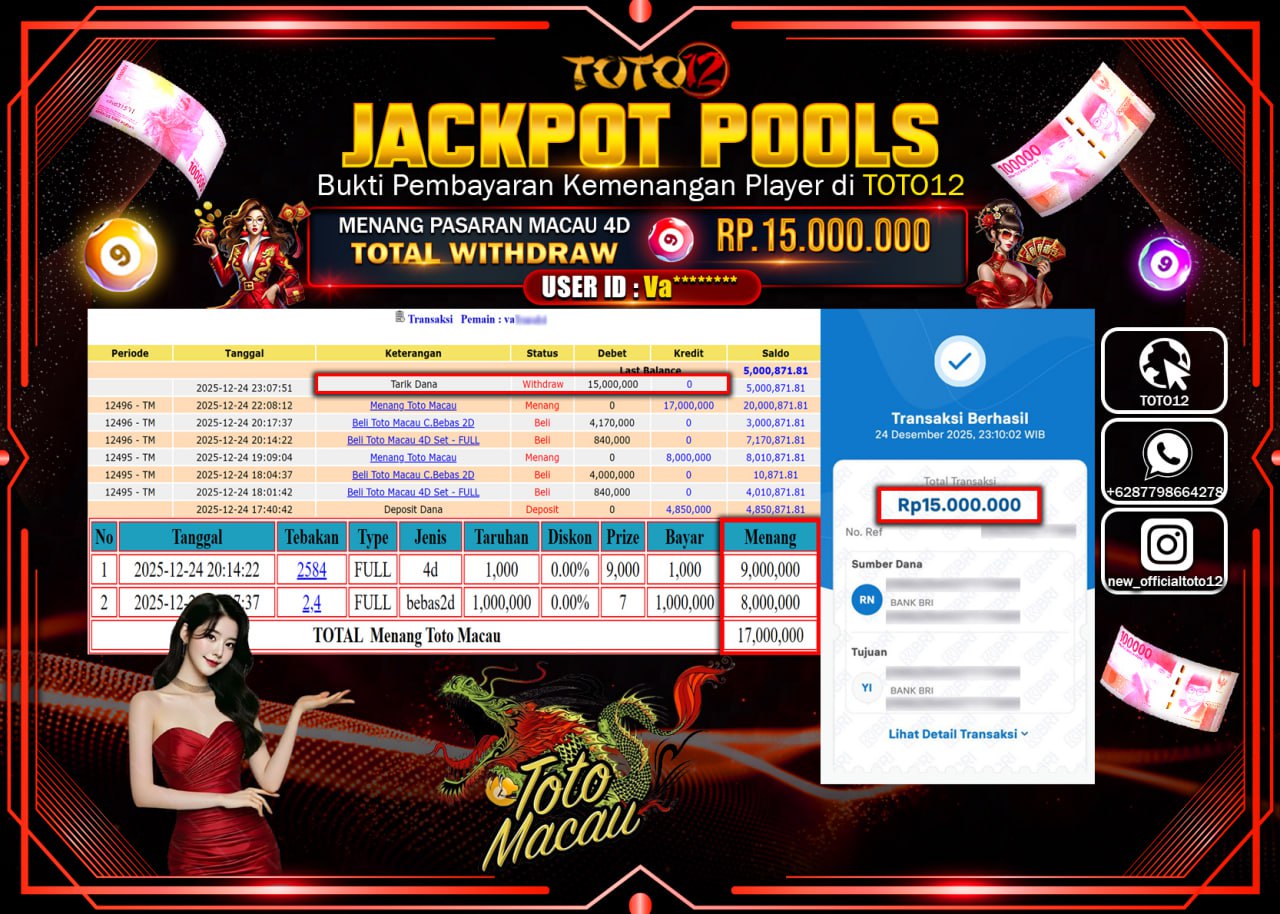 HANYA DI TOTO12 JP PASTI DI BAYAR LUNAS DAN CEPAT!!!!!! JACKPOT POOLS PASARAN (MACAU 4D) Rp.15.000.000 !!!!