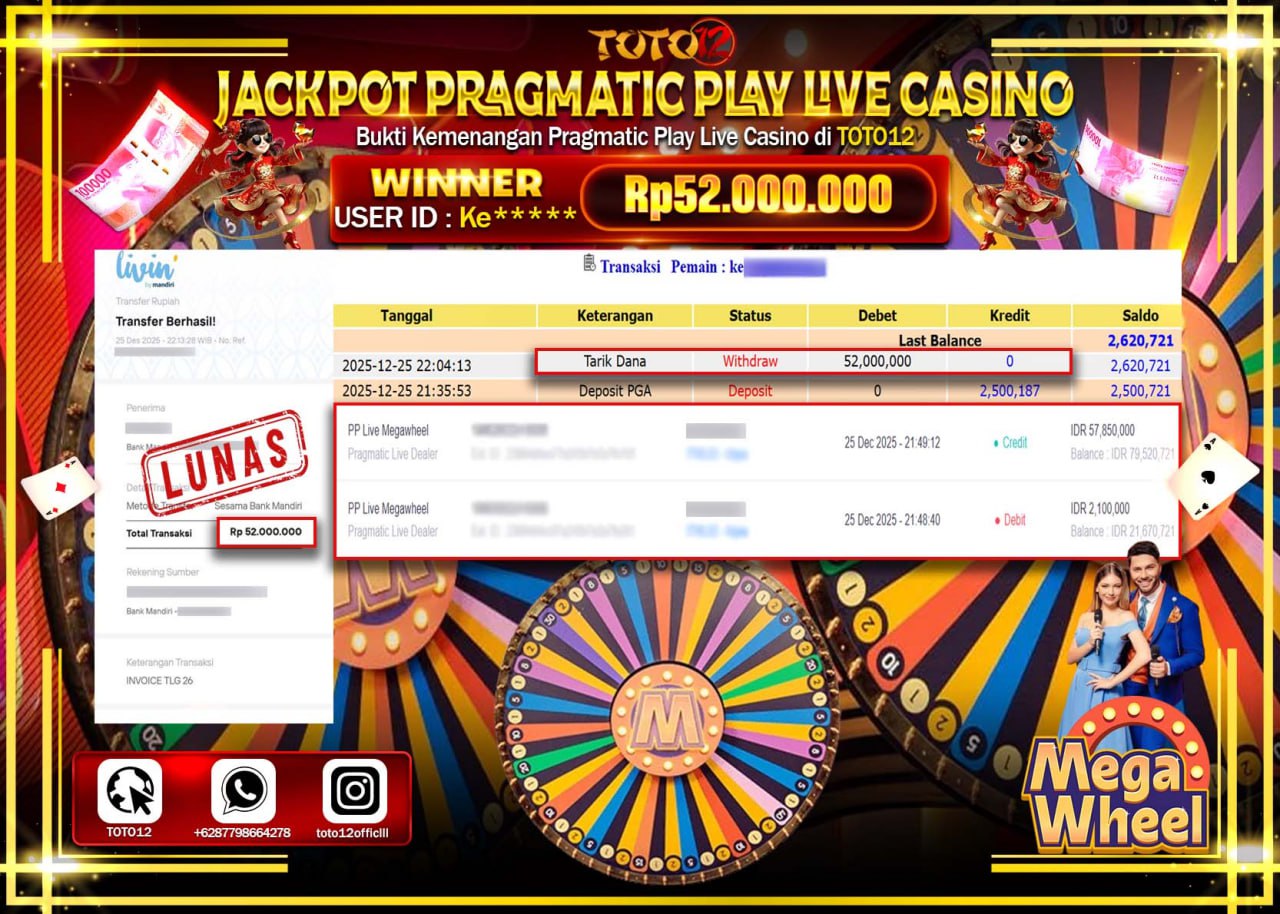 HANYA DI TOTO12 JP PASTI DI BAYAR LUNAS DAN CEPAT!!!!!! JACKPOT PRAGMATIC PLAY LIVE CASINO (MEGA WHEEL) Rp.52.000.000 !!!!