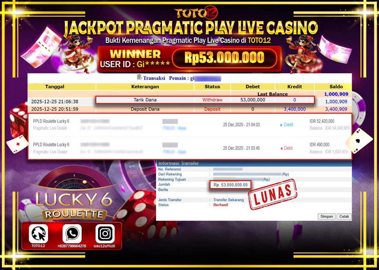 HANYA DI TOTO12 JP PASTI DI BAYAR LUNAS DAN CEPAT!!!!!! JACKPOT PRAGMATIC PLAY LIVE CASINO (ROULETTE LUCKY 6) Rp.53.000.000 !!!!