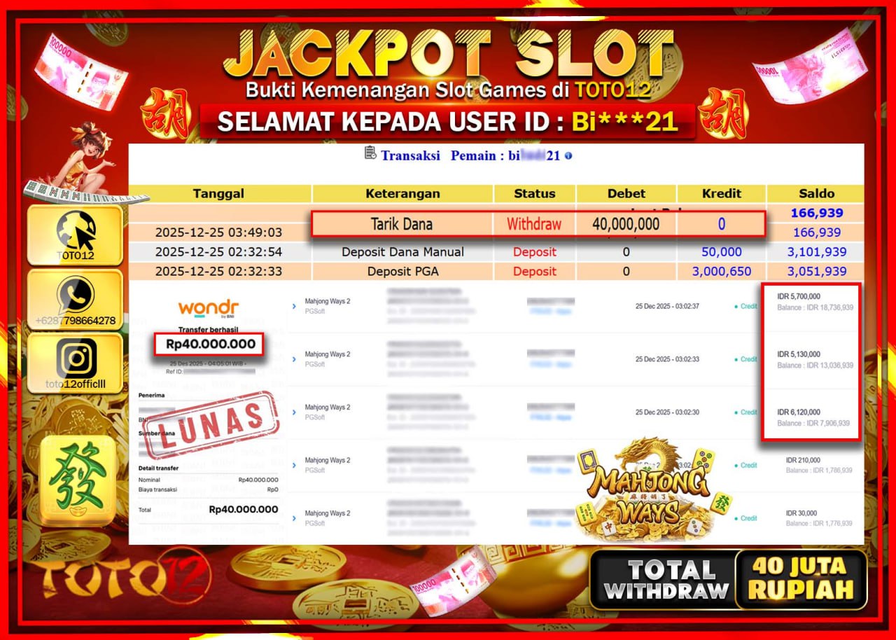 HANYA DI TOTO12 JP PASTI DI BAYAR LUNAS DAN CEPAT!!!!!! JACKPOT SLOT GAME (MAHJONG WAYS) Rp.40.000.000 !!!!
