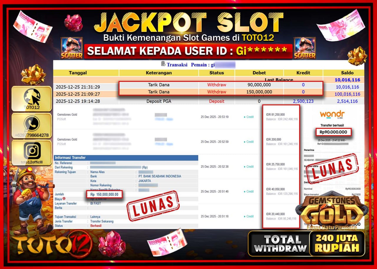 HANYA DI TOTO12 JP PASTI DI BAYAR LUNAS DAN CEPAT!!!!!! JACKPOT SLOT GAME (GEMSTONES GOLD) Rp.240.000.000 !!!!