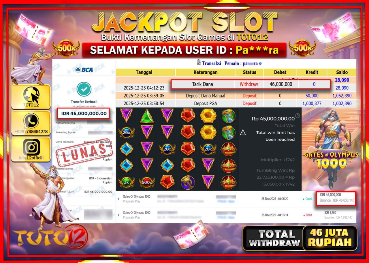 HANYA DI TOTO12 JP PASTI DI BAYAR LUNAS DAN CEPAT!!!!!! JACKPOT SLOT GAME (GATES OF OLYMPUS 1000) Rp.46.000.000 !!!!