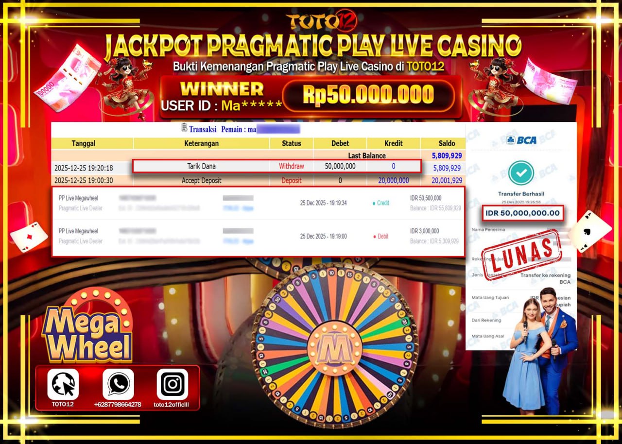 HANYA DI TOTO12 JP PASTI DI BAYAR LUNAS DAN CEPAT!!!!!! JACKPOT PRAGMATIC PLAY LIVE CASINO (MEGA WHEEL) Rp.50.000.000 !!!!