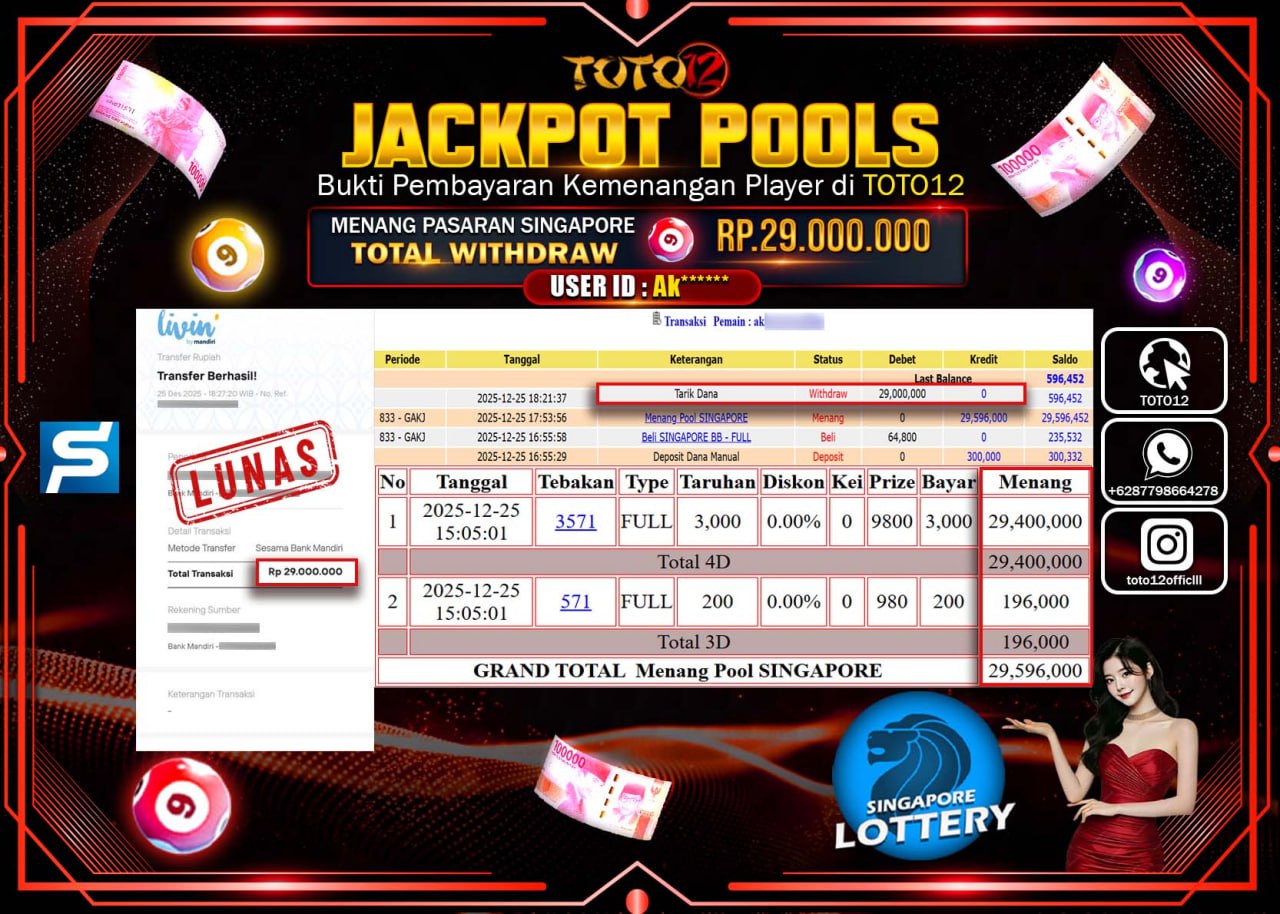 HANYA DI TOTO12 JP PASTI DI BAYAR LUNAS DAN CEPAT!!!!!! JACKPOT POOLS PASARAN (SINGAPORE) Rp.29.000.000 !!!!
