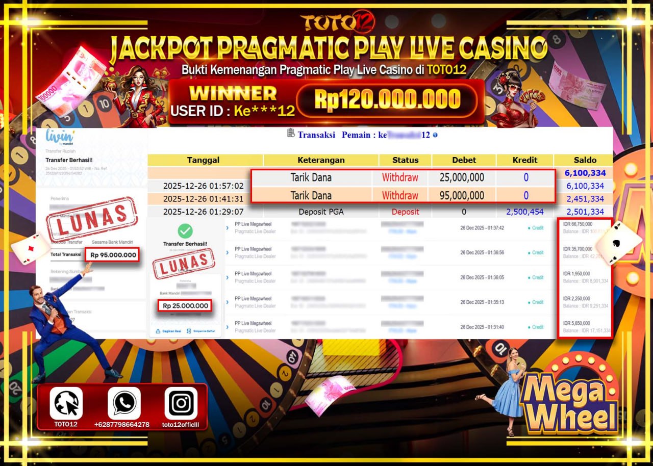 HANYA DI TOTO12 JP PASTI DI BAYAR LUNAS DAN CEPAT!!!!!! JACKPOT PRAGMATIC PLAY LIVE CASINO (MEGA WHEEL) Rp.120.000.000 !!!!