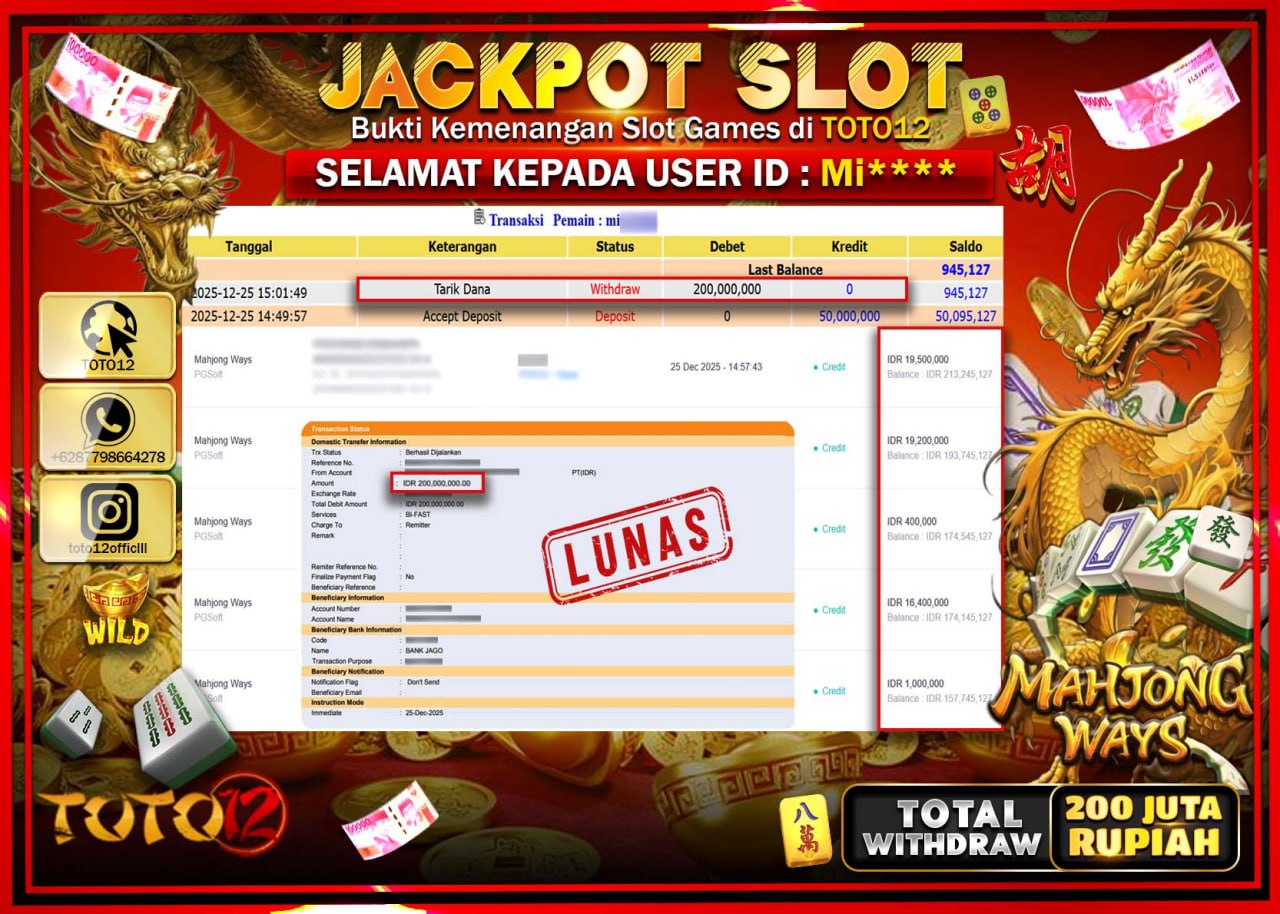HANYA DI TOTO12 JP PASTI DI BAYAR LUNAS DAN CEPAT!!!!!! JACKPOT SLOT GAME (MAHJONG WAYS) Rp.200.000.000 !!!!