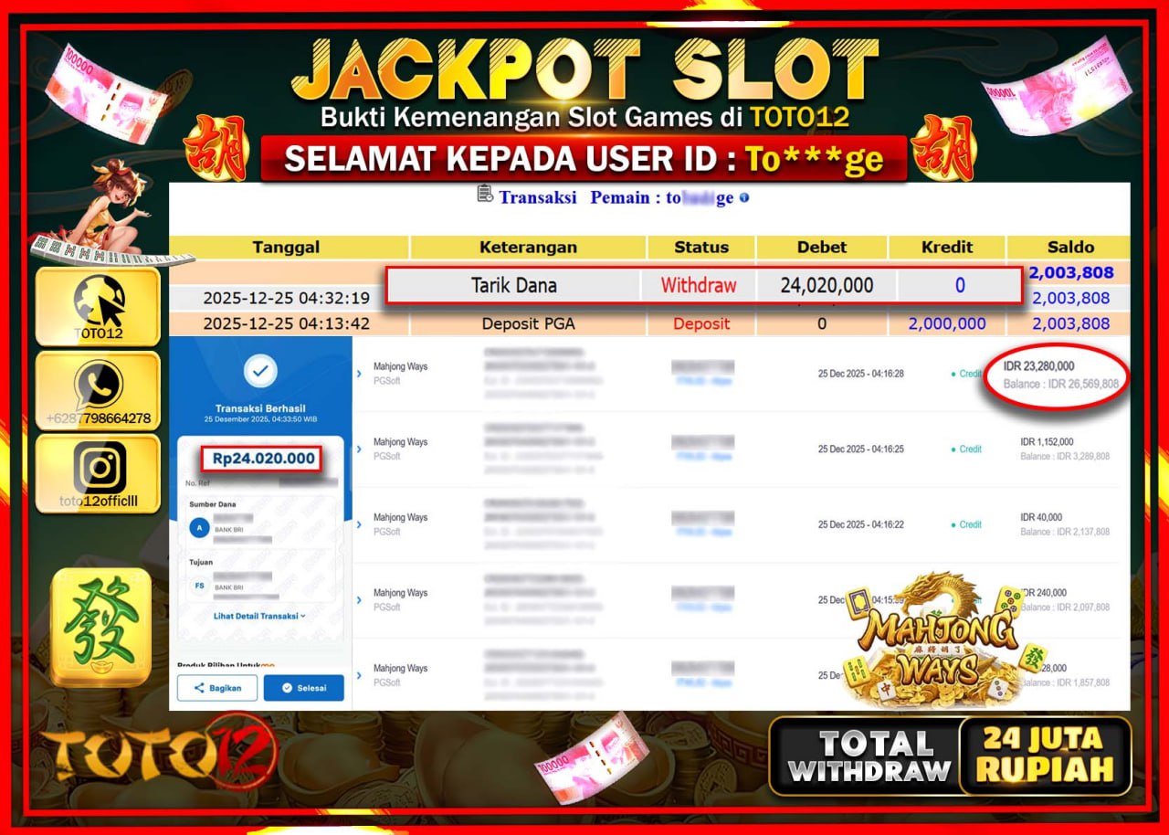 HANYA DI TOTO12 JP PASTI DI BAYAR LUNAS DAN CEPAT!!!!!! JACKPOT SLOT GAME (MAHJONG WAYS) Rp.24.020.000 !!!!